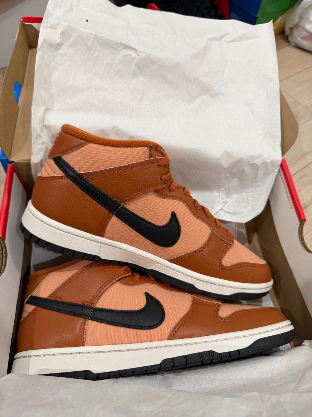 Nike Men’s Mid-Top Sneakers in Rust Brown and Peach with Black Swoosh
